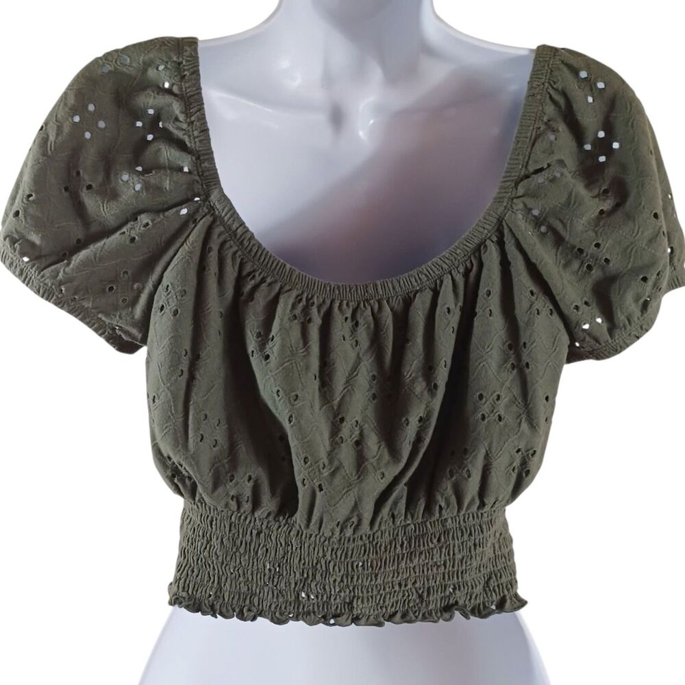 Hollister Smocked Crop Top S Eyelet Puff Sleeve Milkmaid Olive Green Cottagecore - Picture 4 of 6